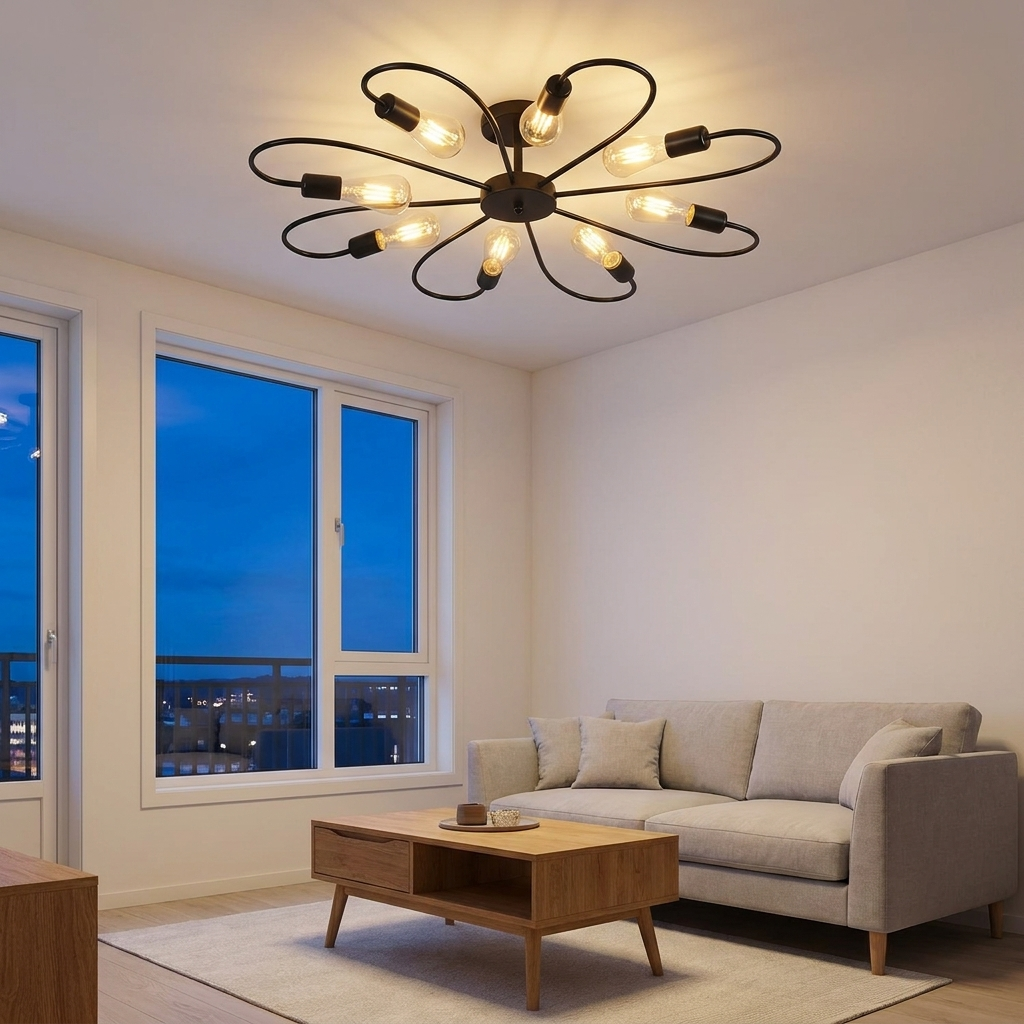 Daisy black iron flower semi flush ceiling light in a modern Nordic living room