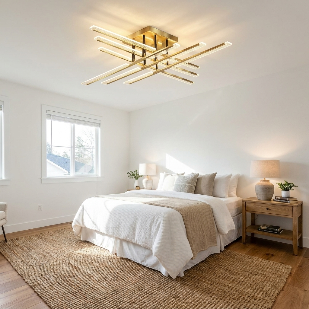 Crosby gold cross LED ceiling light in a bright guest bedroom