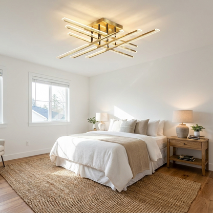Crosby gold cross LED ceiling light in a bright guest bedroom