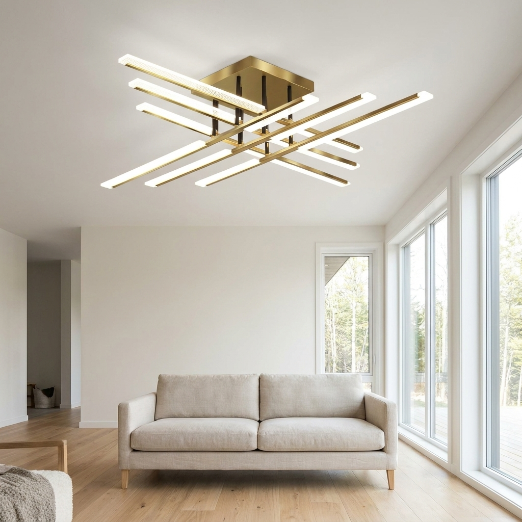 Crosby gold cross LED semi flush ceiling light in a Nordic minimalist living room