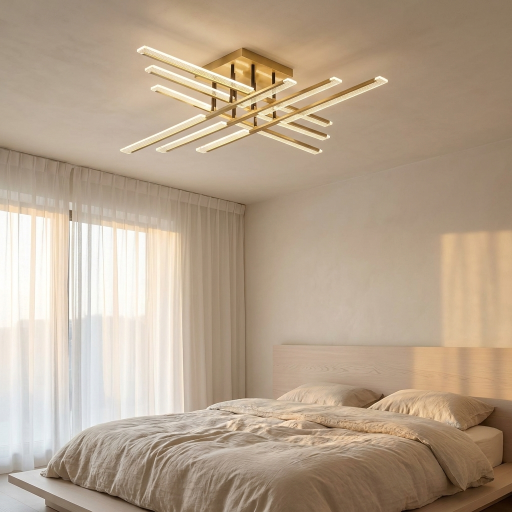 Crosby gold cross LED ceiling light in a calm minimalist bedroom