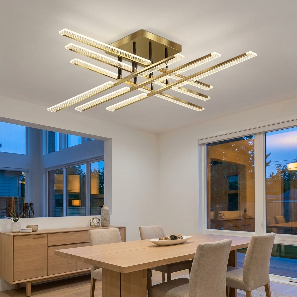 Crosby gold cross LED ceiling light above a modern dining room table