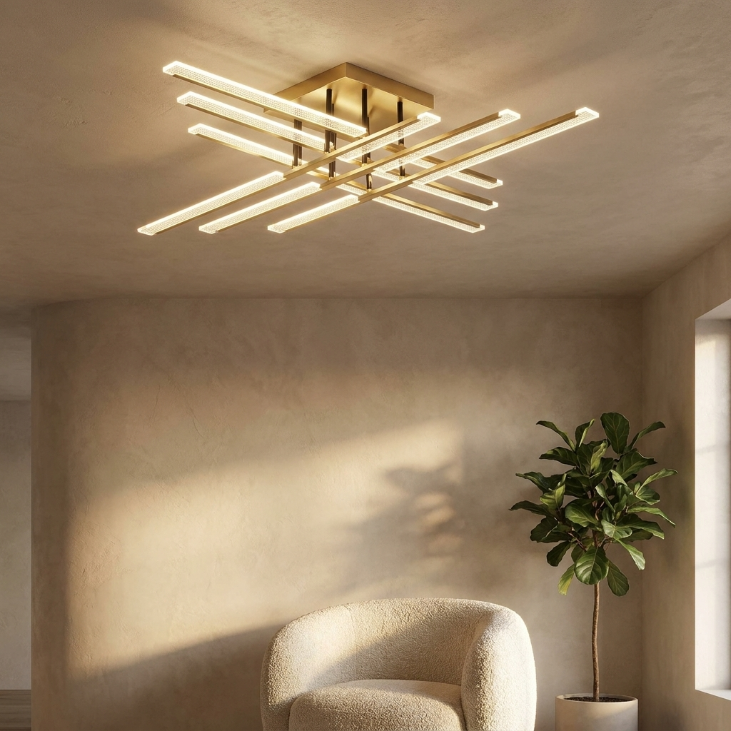 Crosby gold cross LED ceiling light in an open plan living and dining space