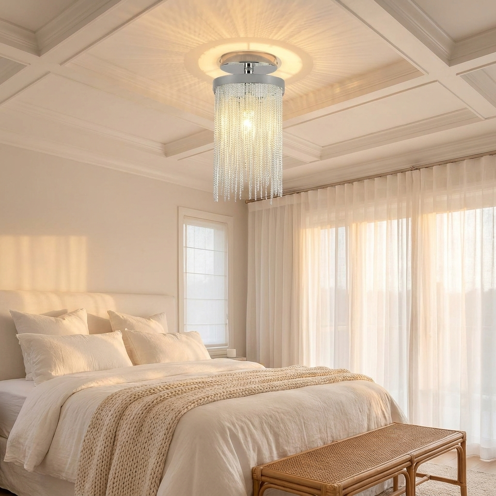 Odetta chrome metal tassel chandelier in a serene bedroom