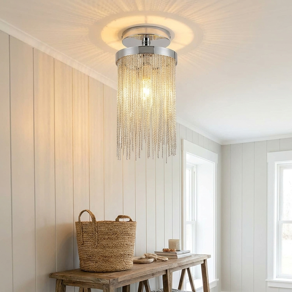Odetta chrome metal tassel semi flush chandelier in a modern farmhouse entry