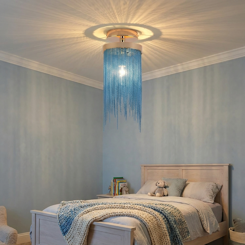 Odetta blue metal tassel chandelier in a soft blue grey bedroom