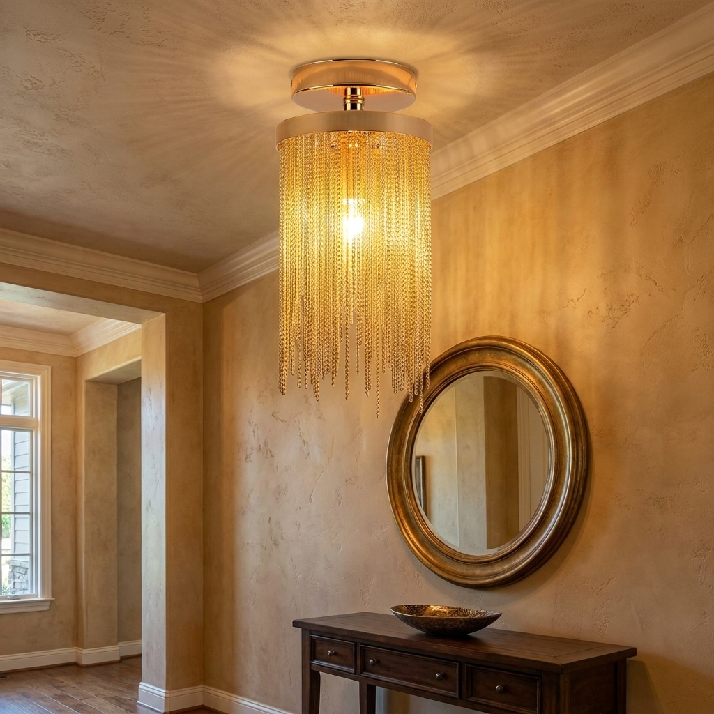 Odetta gold metal tassel chandelier in a warm entry hall with mirror