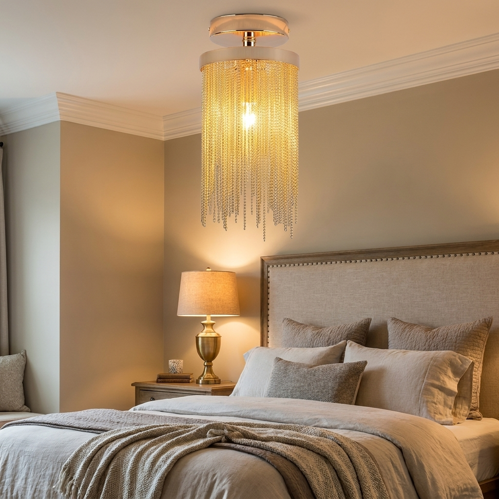 Odetta gold metal tassel chandelier in an elegant bedroom with linen headboard