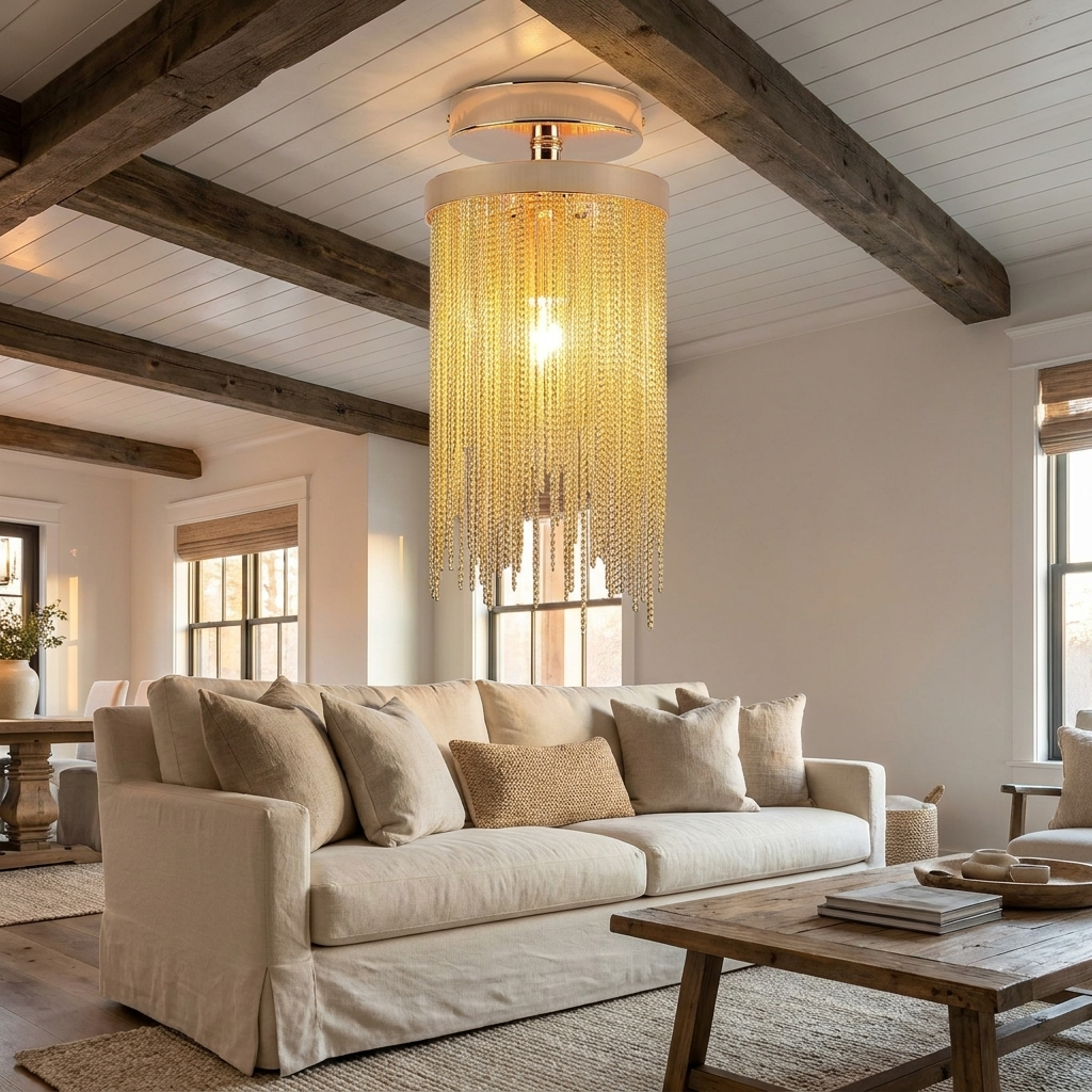 Odetta gold metal tassel chandelier in a modern farmhouse living room with beams