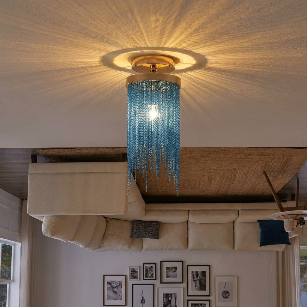 Odetta blue metal tassel chandelier in a relaxed living room with jute rug