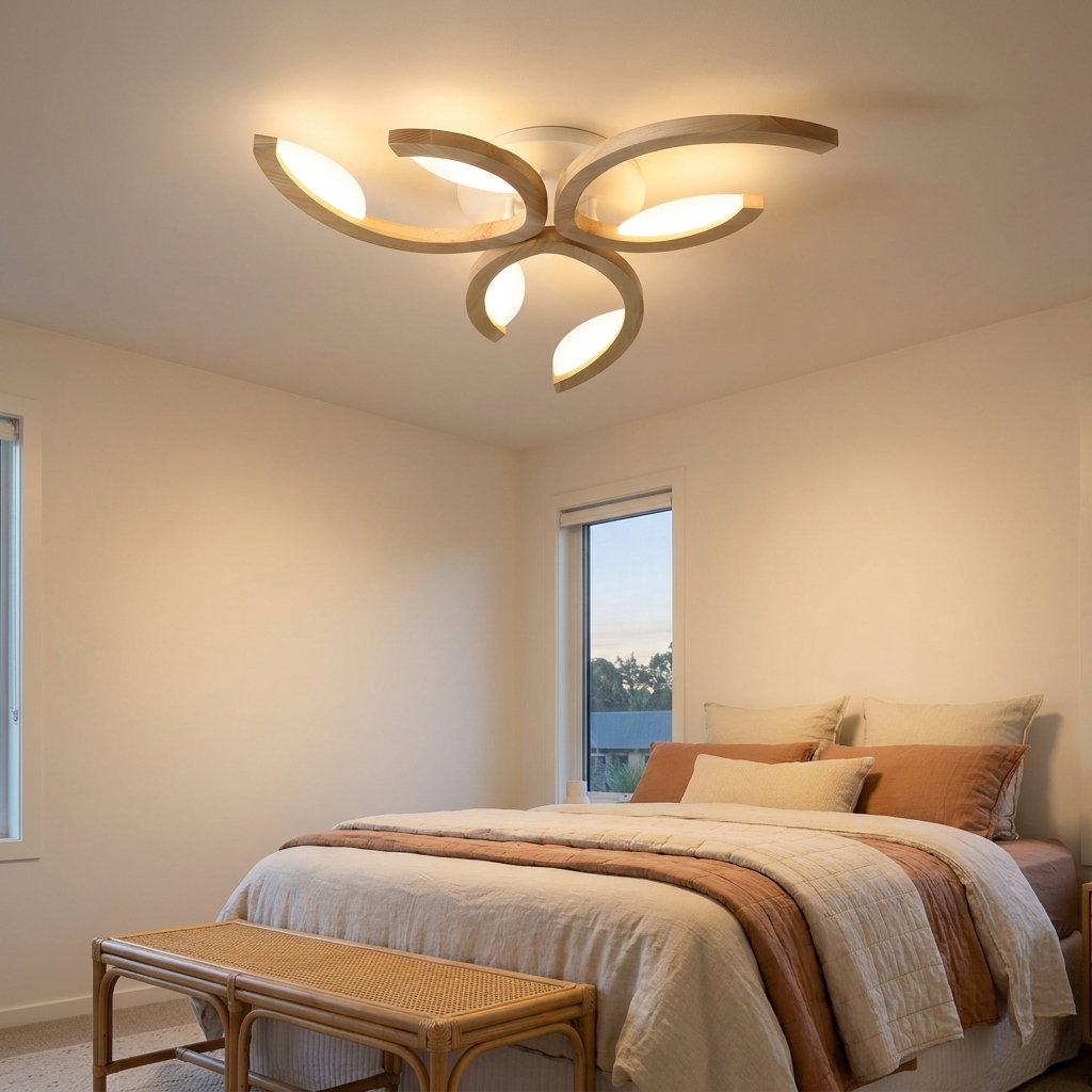 Verbena leaf wood ceiling light in a serene guest bedroom