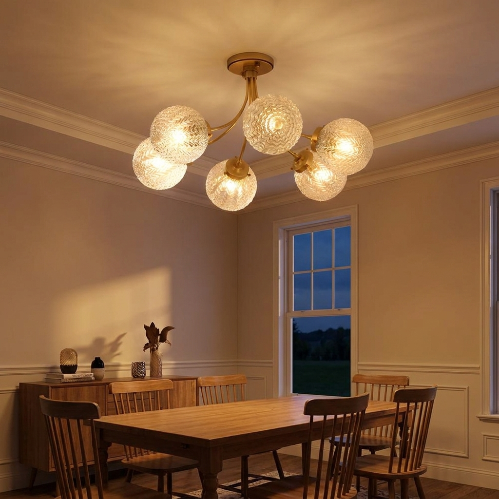 Verriere carved glass brass ceiling light above an American style dining room