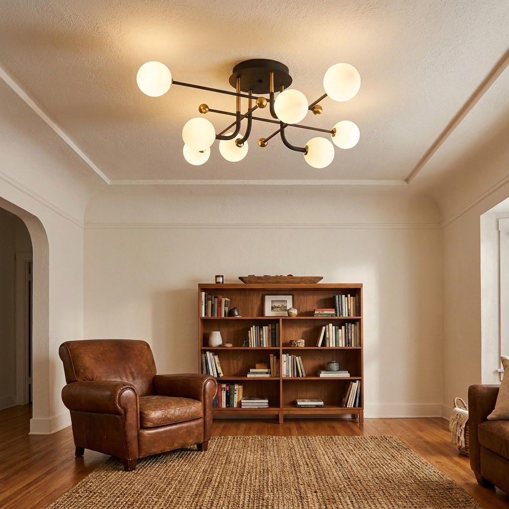 Vesta sputnik globe ceiling light in a relaxed living room with leather chair