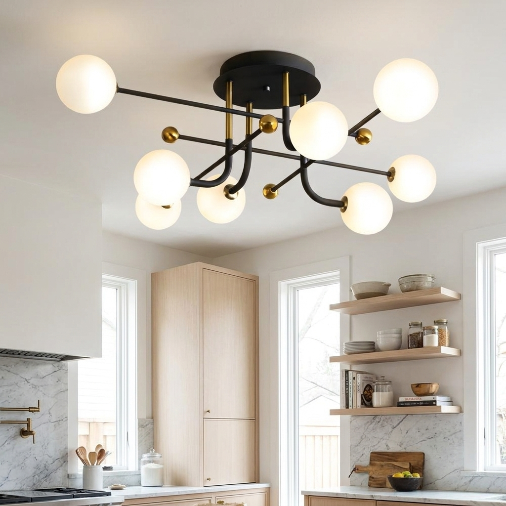Vesta sputnik globe ceiling light in a bright kitchen with marble counter