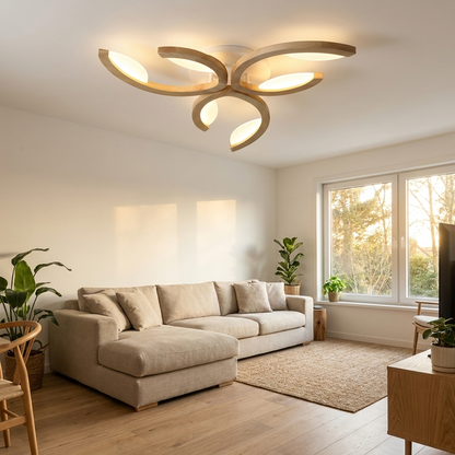 Verbena leaf wood LED semi flush ceiling light in a modern natural living room