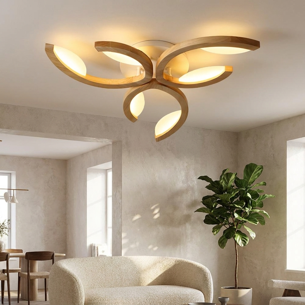 Verbena leaf wood ceiling light in an open living and dining space