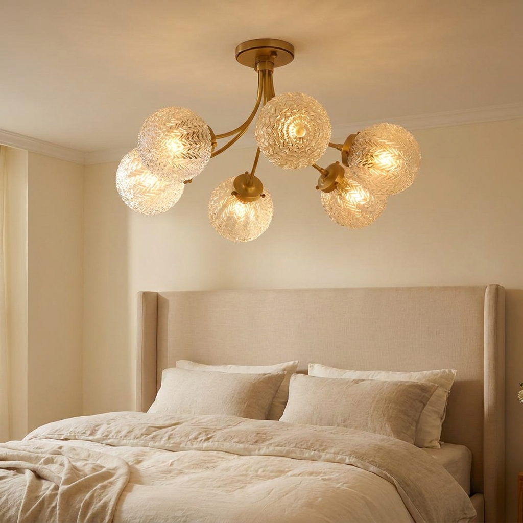 Verriere carved glass brass semi flush ceiling light in an elegant bedroom