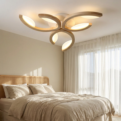 Verbena leaf wood ceiling light in a calm bedroom with linen bedding