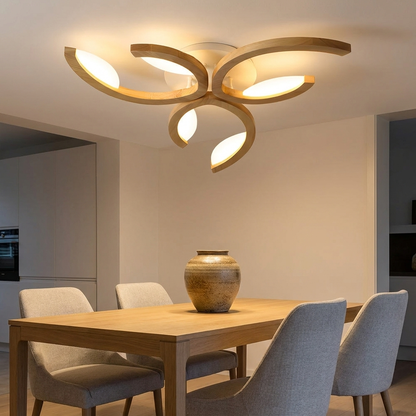 Verbena leaf wood ceiling light above a modern dining room table