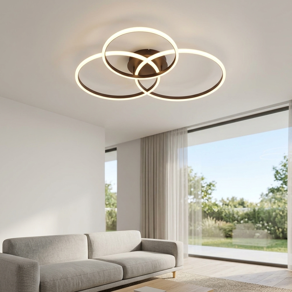 Cirque three ring LED flush mount ceiling light in a minimalist living room