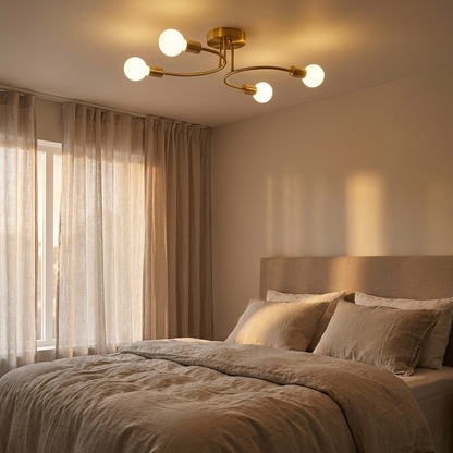 Calla curved arm flush mount ceiling light in a calm bedroom