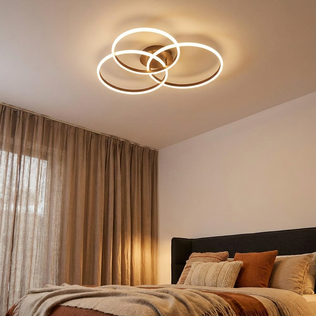 Cirque three ring LED ceiling light in a contemporary bedroom