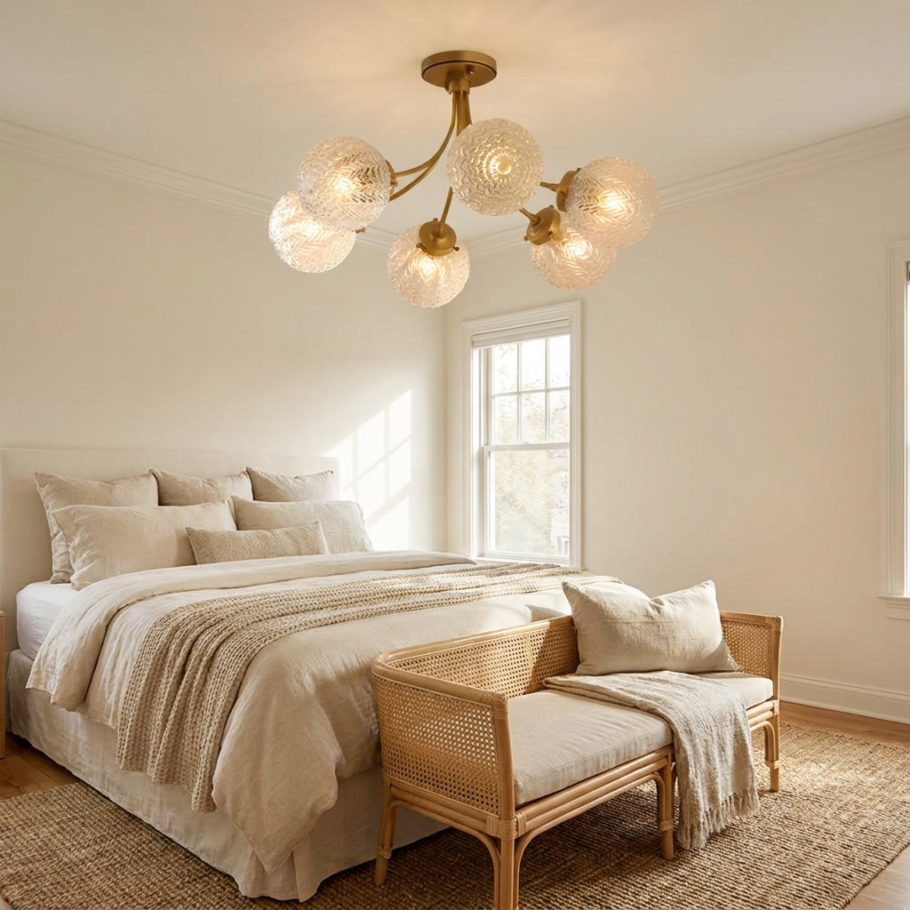 Verriere carved glass brass ceiling light in a soft neutral guest bedroom