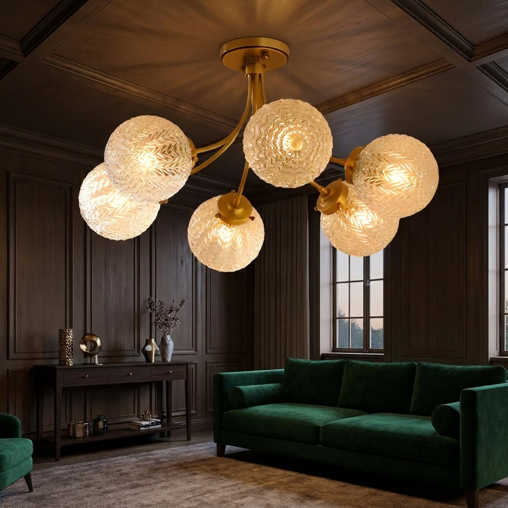 Verriere carved glass brass ceiling light in a refined living room
