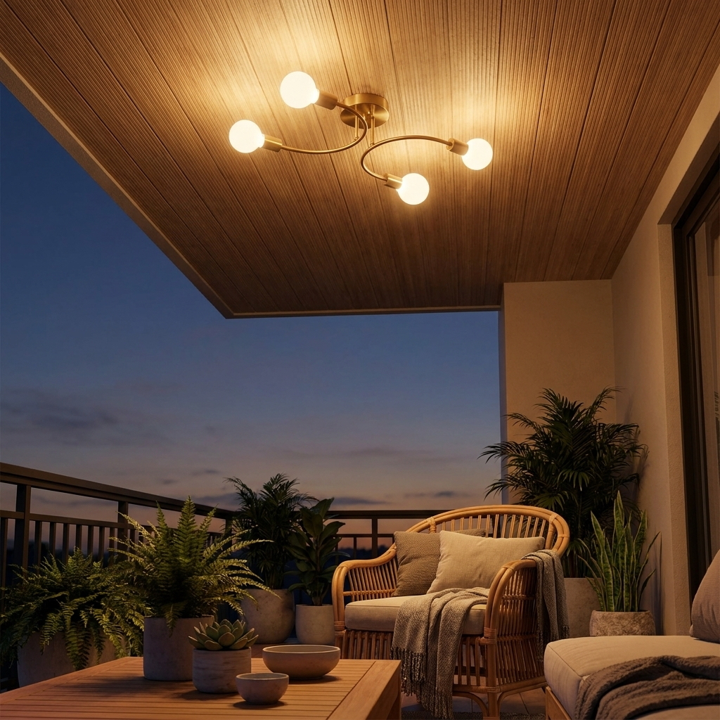 Calla curved arm flush mount ceiling light on a covered balcony sitting area