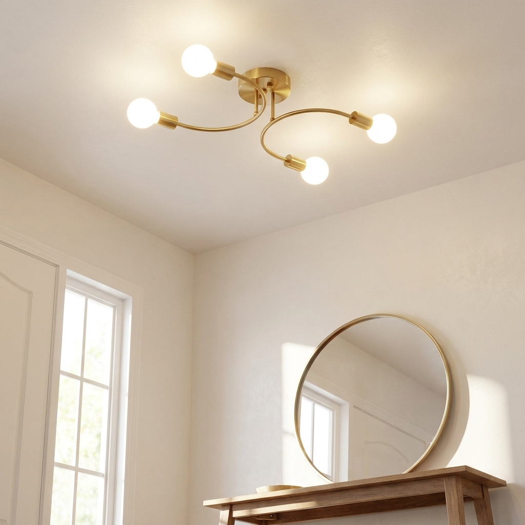 Calla curved arm flush mount ceiling light in a bright entry foyer
