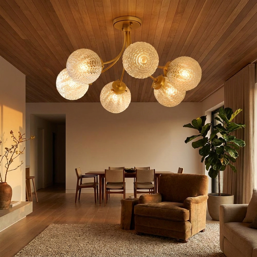 Verriere carved glass brass ceiling light in a warm open plan living and dining area