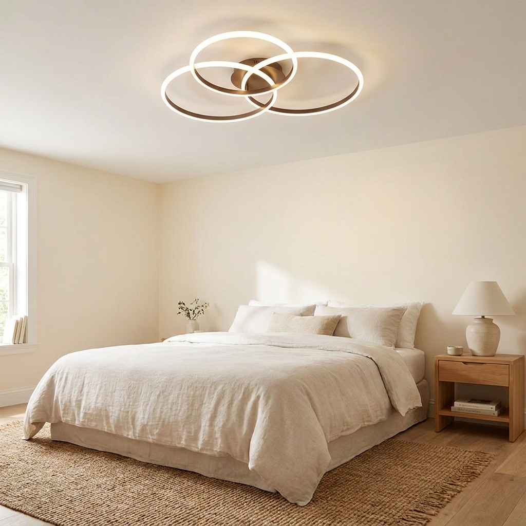 Cirque three ring LED ceiling light in a serene guest bedroom