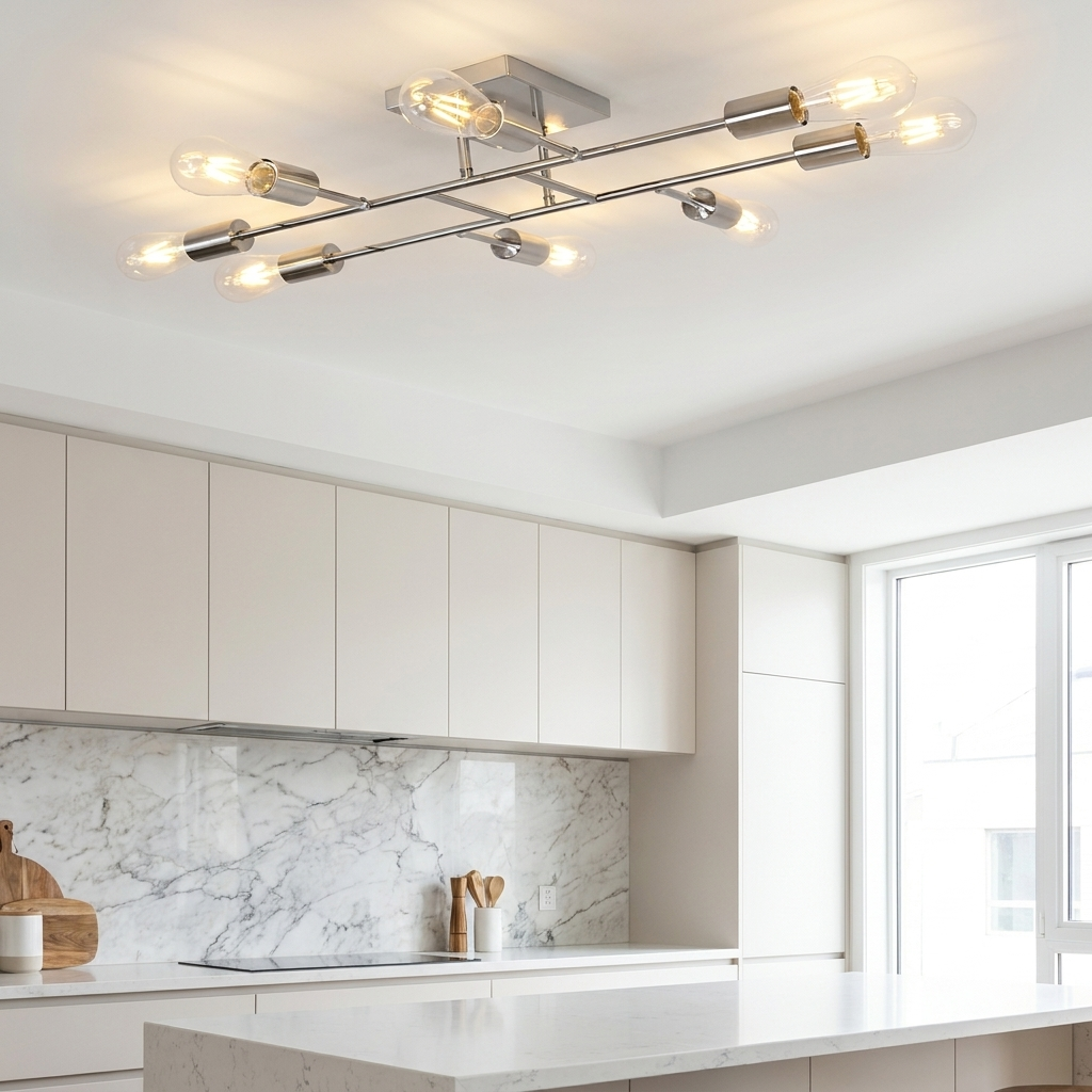 Marlon chrome sputnik ceiling light in a bright modern kitchen