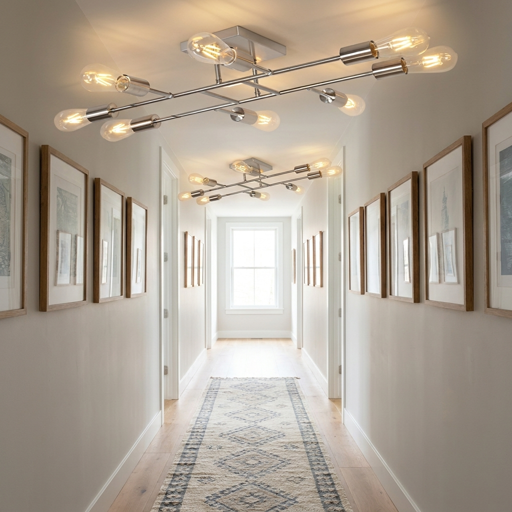 Marlon chrome sputnik ceiling light in a long hallway with runner rug