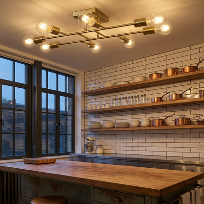 Marlon antique brass sputnik ceiling light in a vintage industrial kitchen