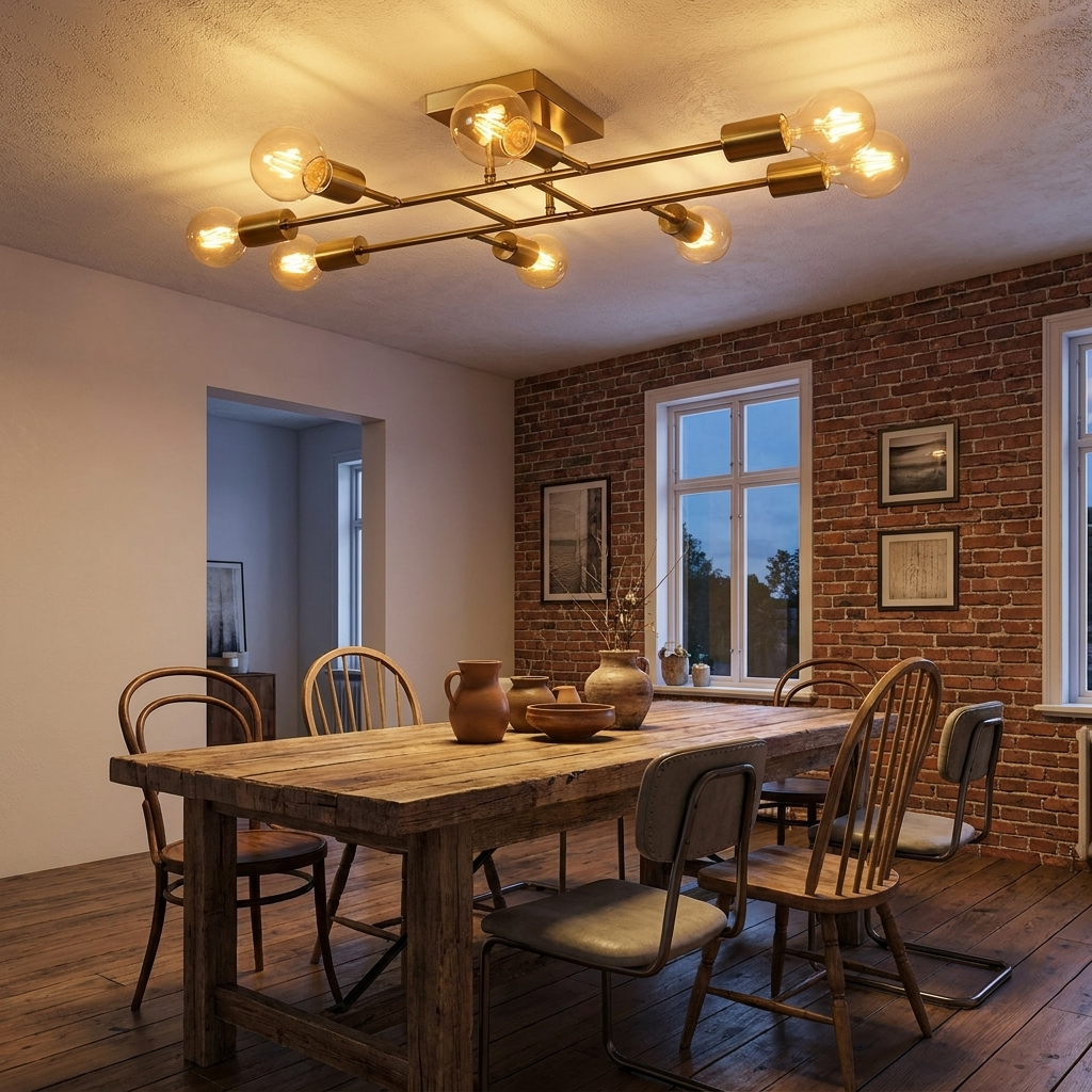 Marlon antique brass sputnik ceiling light above a reclaimed wood dining table
