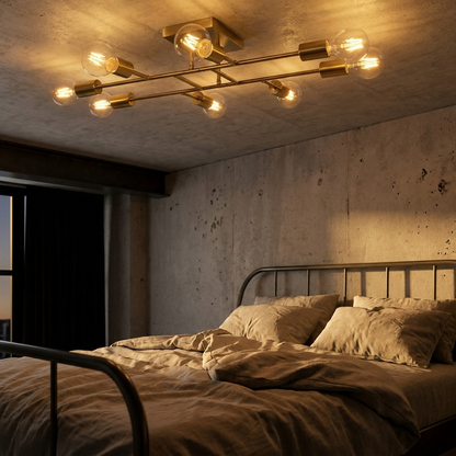 Marlon antique brass sputnik ceiling light in an industrial style bedroom