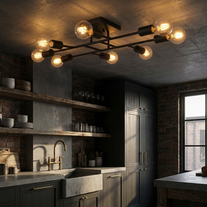 Marlon matte black sputnik ceiling light in a moody industrial kitchen