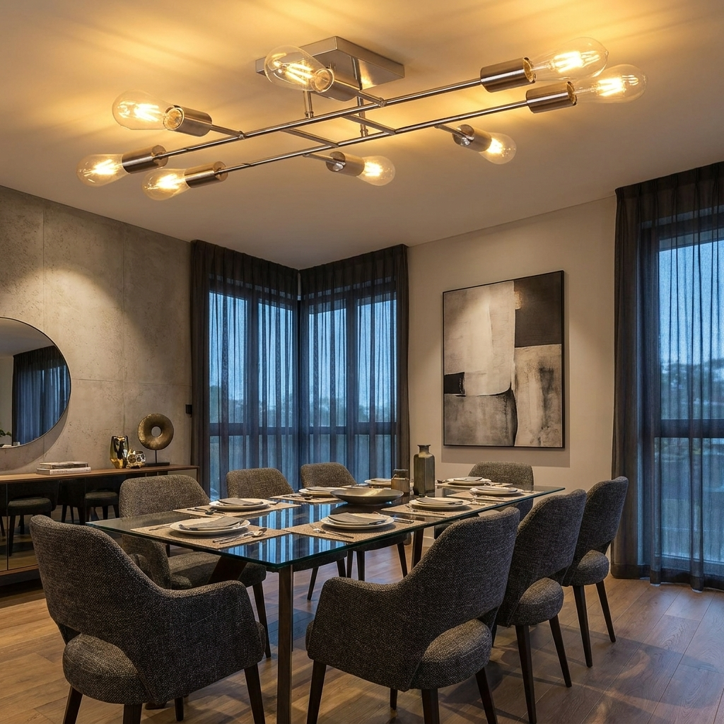 Marlon chrome sputnik ceiling light above a contemporary dining room