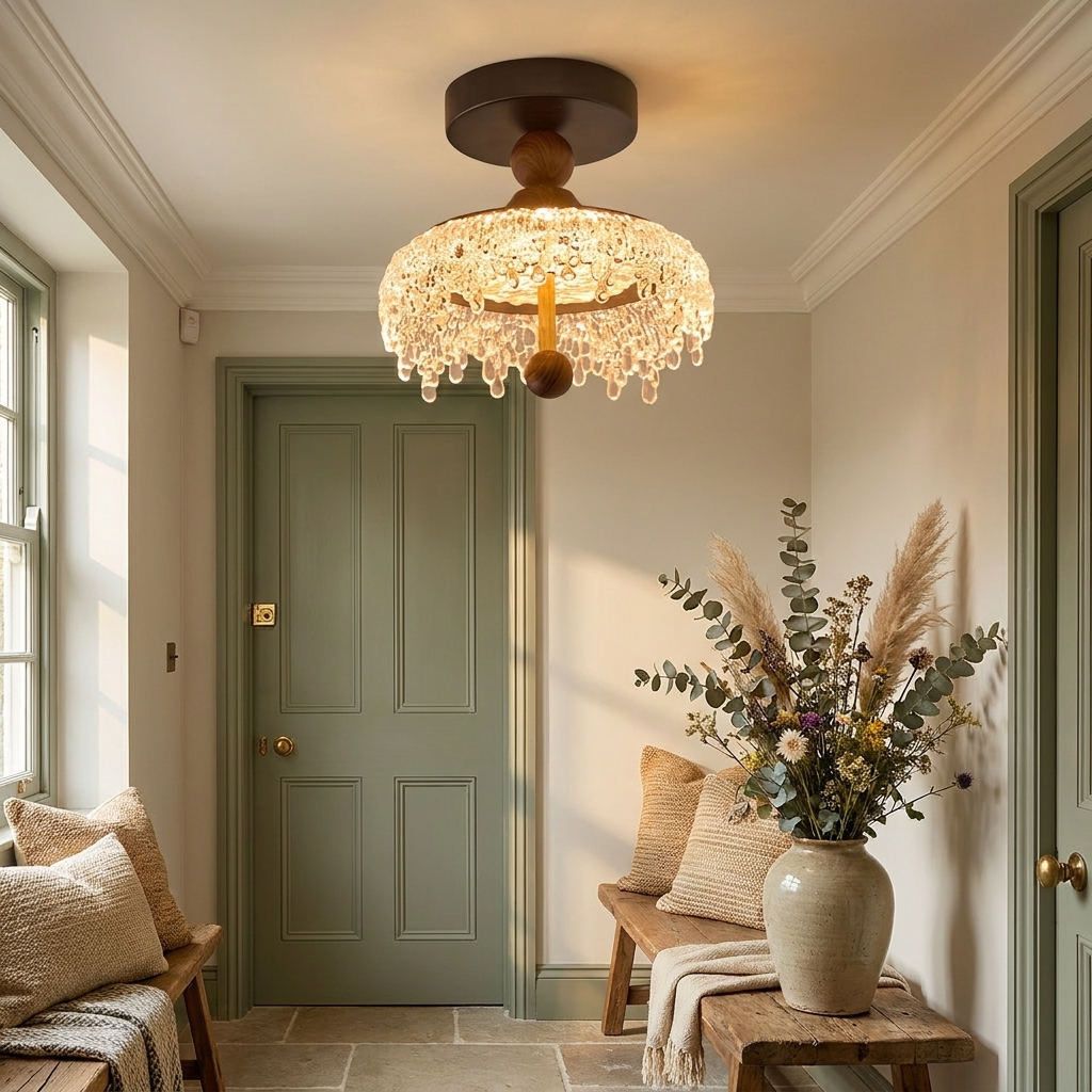 Seraphine walnut and crystal ceiling light in a welcoming entry