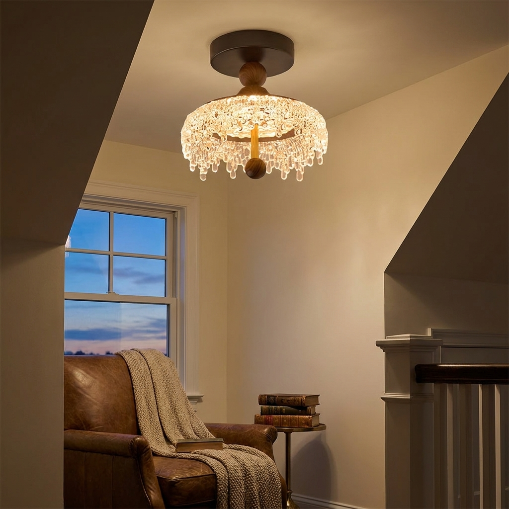 Seraphine walnut and crystal ceiling light in an upstairs landing reading nook