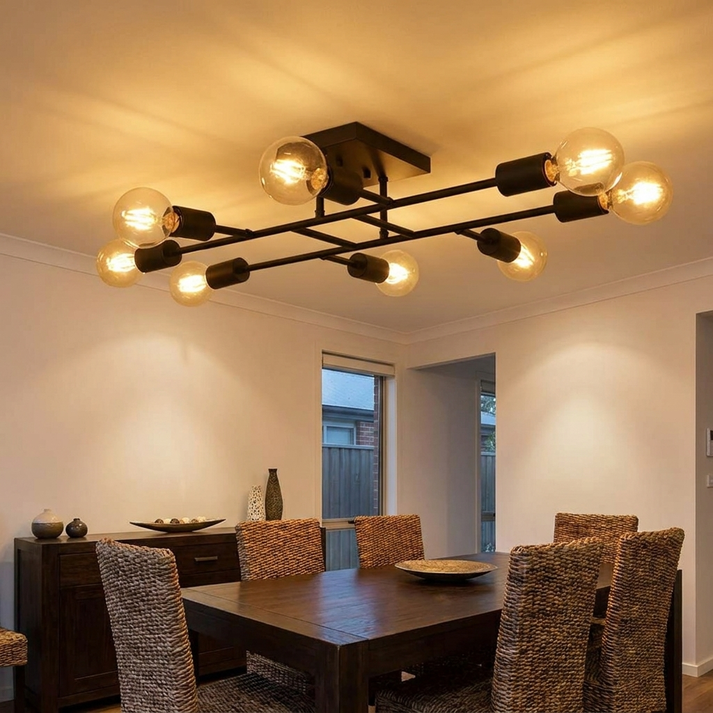 Marlon matte black sputnik ceiling light above a dark timber dining table
