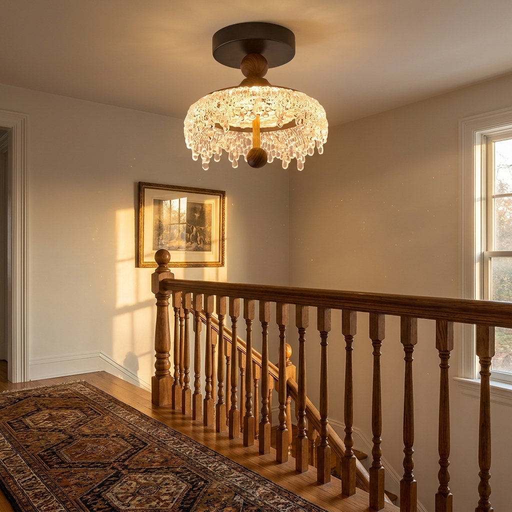 Seraphine walnut and crystal ceiling light on a stair landing