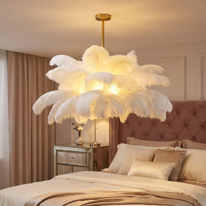 Plume white feather semi flush ceiling light in a romantic glam bedroom