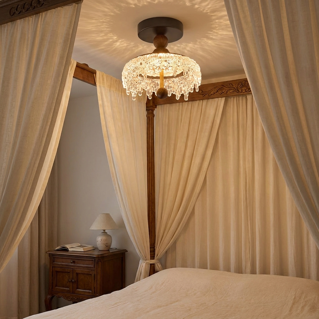 Seraphine walnut and crystal ceiling light in a romantic bedroom