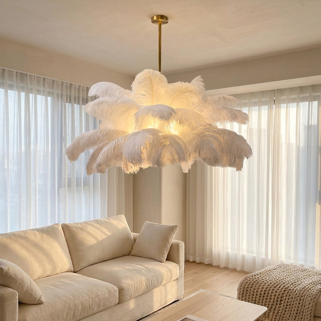 Plume white feather ceiling light in a soft Nordic living room