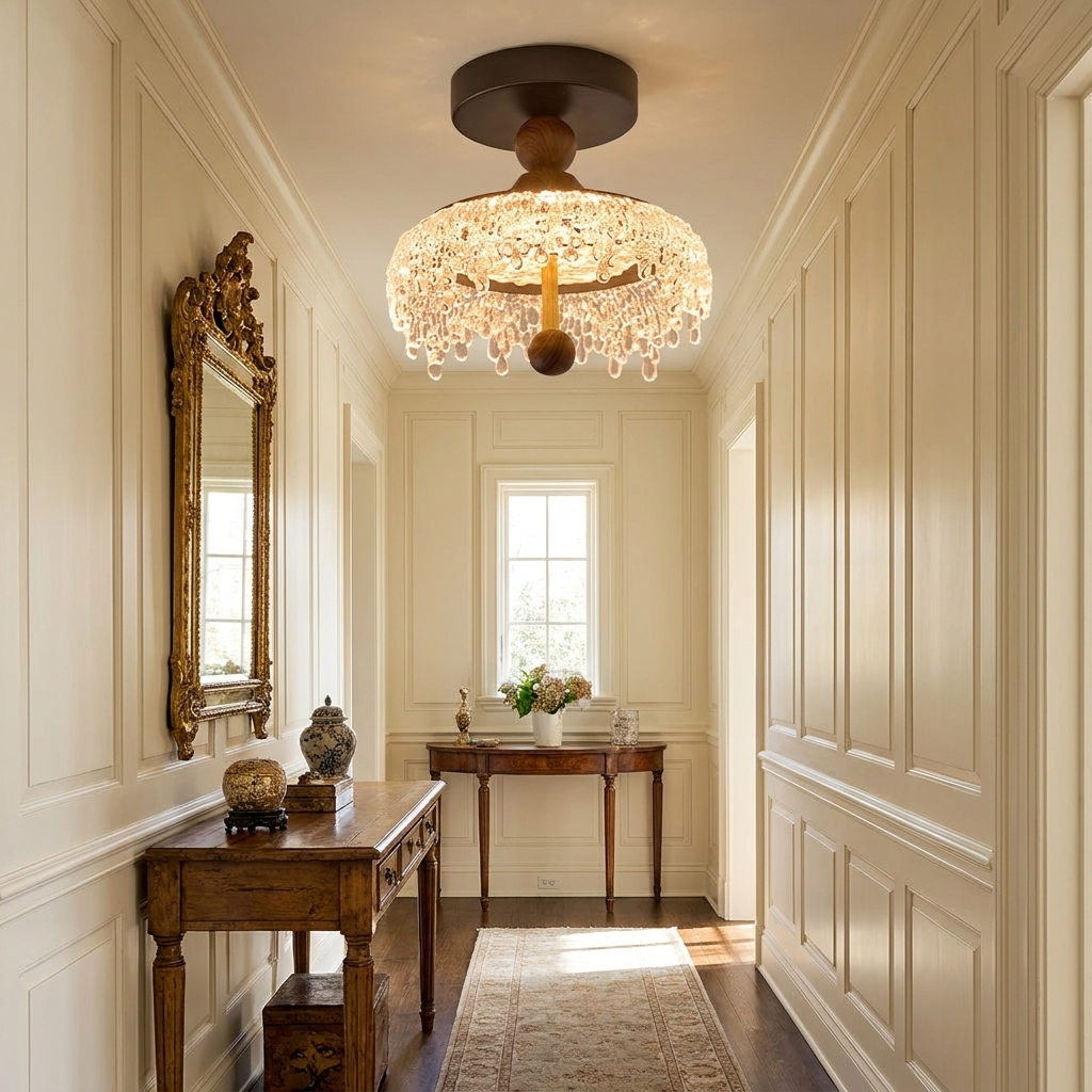 Seraphine walnut and crystal water drop ceiling light in a panelled hallway