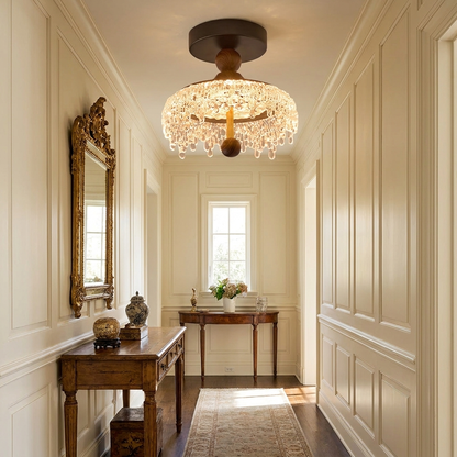 Seraphine walnut and crystal water drop ceiling light in a panelled hallway