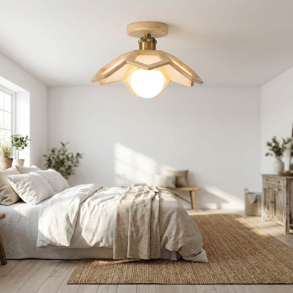 Maelle natural wood lotus semi flush ceiling light in a bright Nordic bedroom