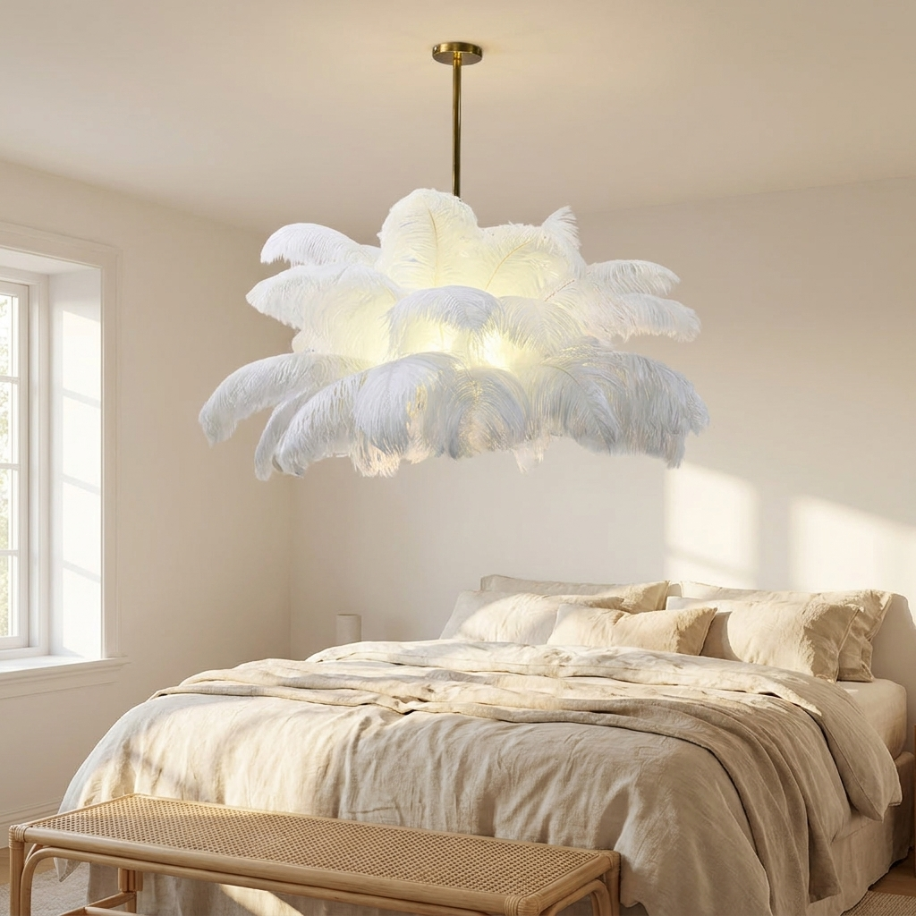 Plume white feather ceiling light in a soft neutral guest bedroom